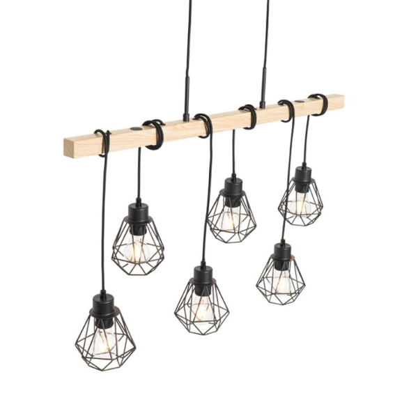 Landelijke hanglamp zwart met hout 6-lichts - chon