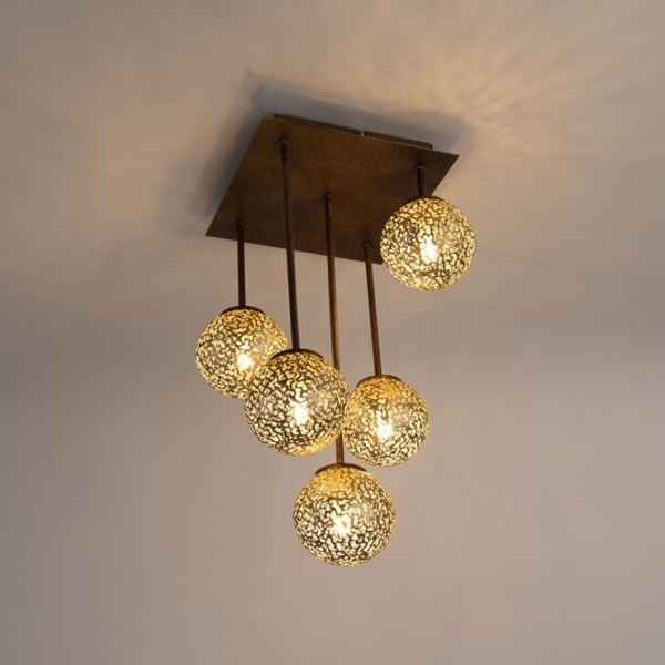 Landelijke plafondlamp 5-lichts vierkant in roestbruin - kreta