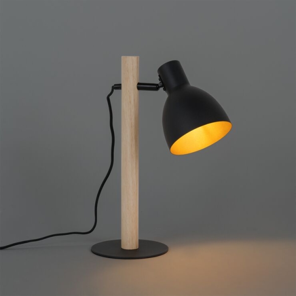 Landelijke tafellamp zwart met hout - flint
