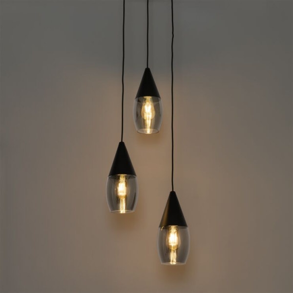 Moderne hanglamp zwart met smoke glas 3-lichts - drop