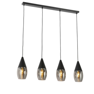 Moderne hanglamp zwart met smoke glas 4-lichts - Drop