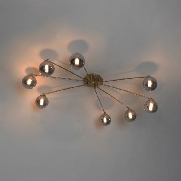 Moderne plafondlamp goud 8-lichts met smoke glas - athens
