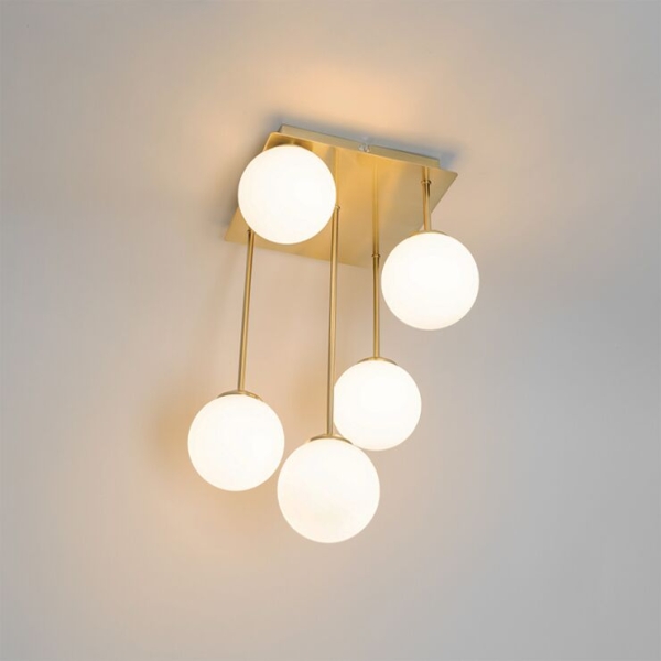 Moderne plafondlamp goud met opaal glas 5-lichts - athens