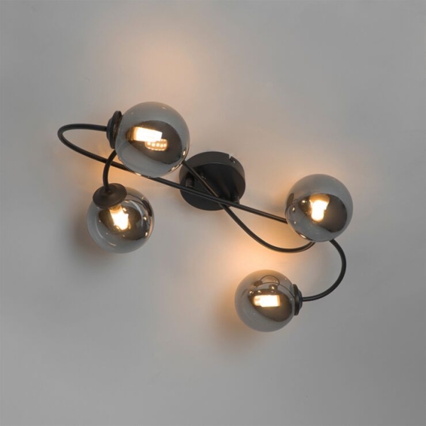 Moderne plafondlamp zwart 4-lichts met smoke glas - athens