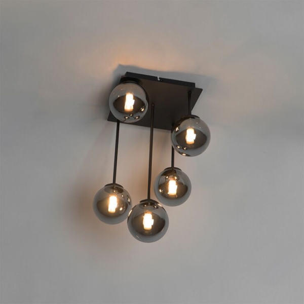 Moderne plafondlamp zwart 5-lichts met smoke glas - athens