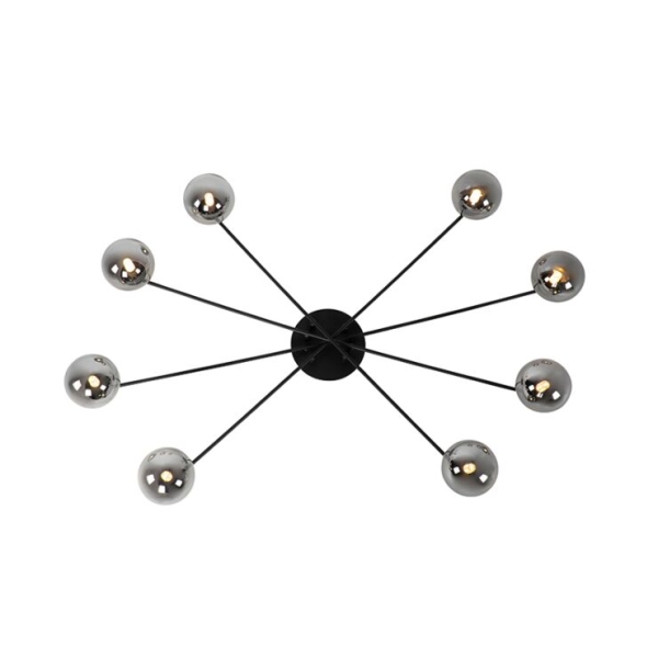 Moderne plafondlamp zwart 8-lichts met smoke glas - athens