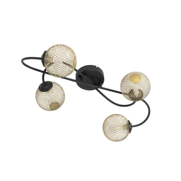 Moderne plafondlamp zwart met goud 4-lichts - athens wire