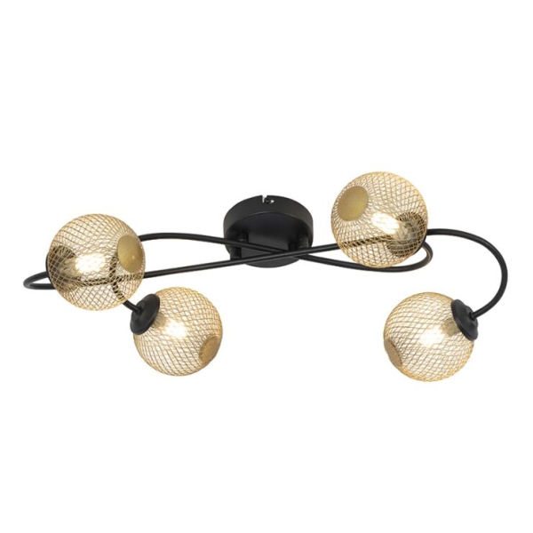 Moderne plafondlamp zwart met goud 4-lichts - athens wire