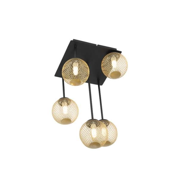 Moderne plafondlamp zwart met goud 5-lichts - athens wire
