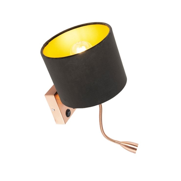 Moderne wandlamp koper met kap velours zwart - brescia