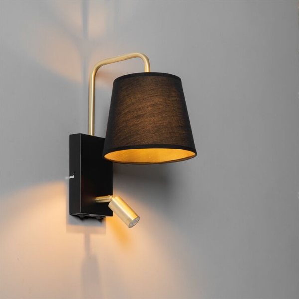 Moderne wandlamp zwart en goud met leeslamp renier 14
