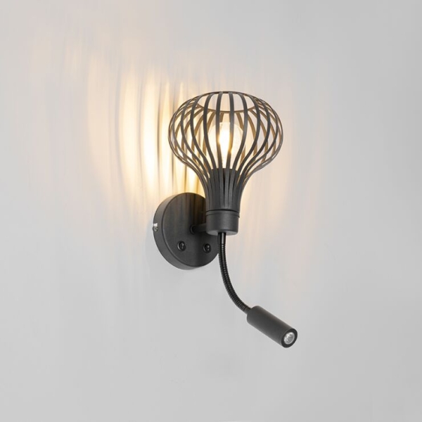 Moderne wandlamp zwart met leeslamp 2-lichts - saffira brescia
