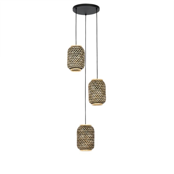 Oosterse hanglamp bamboe met zwart 3-lichts - yvonne