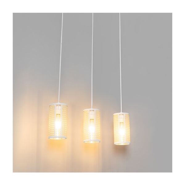 Oosterse hanglamp wit met rotan 3 lichts langwerpig akira 14