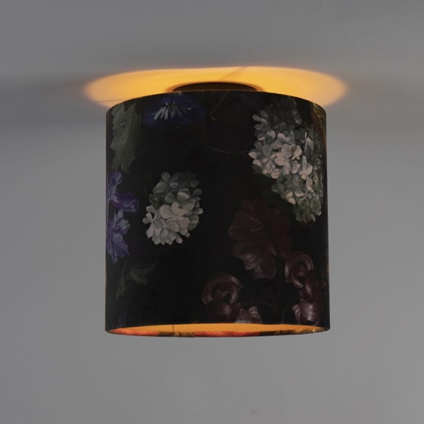 Plafondlamp met velours kap bloemen met goud 25 cm - combi zwart