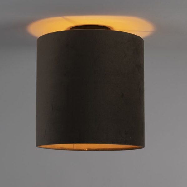 Plafondlamp met velours kap taupe met goud 25 cm - combi zwart