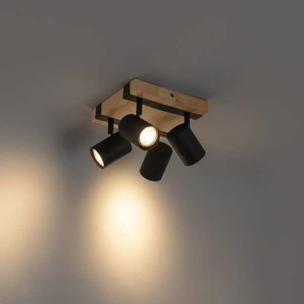 Plafondlamp zwart met hout 4-lichts verstelbaar rechthoekig - jeana