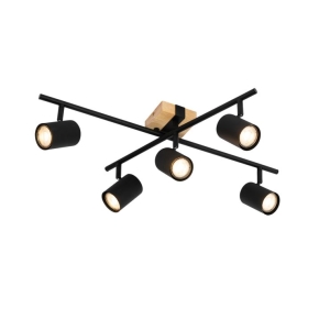 Plafondlamp zwart met hout 5-lichts verstelbaar rechthoekig - Jeana