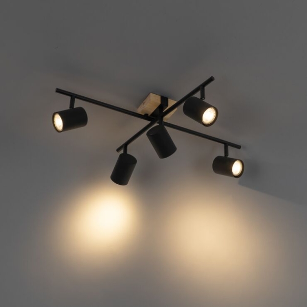 Plafondlamp zwart met hout 5-lichts verstelbaar rechthoekig - jeana