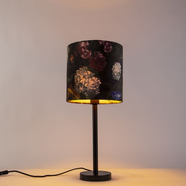 Romantische tafellamp zwart met bloemen kap 25 cm - simplo