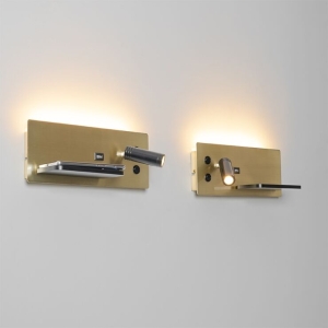 Set van 2 wandlampen zwart met goud incl. LED met USB en inductielader - Riza