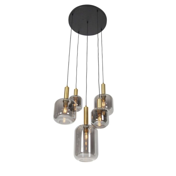 Smart hanglamp zwart met goud met smoke glas incl. 5 wifi a60 - zuzanna