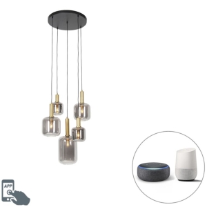 Smart hanglamp zwart met goud met smoke glas incl. 5 Wifi A60 - Zuzanna
