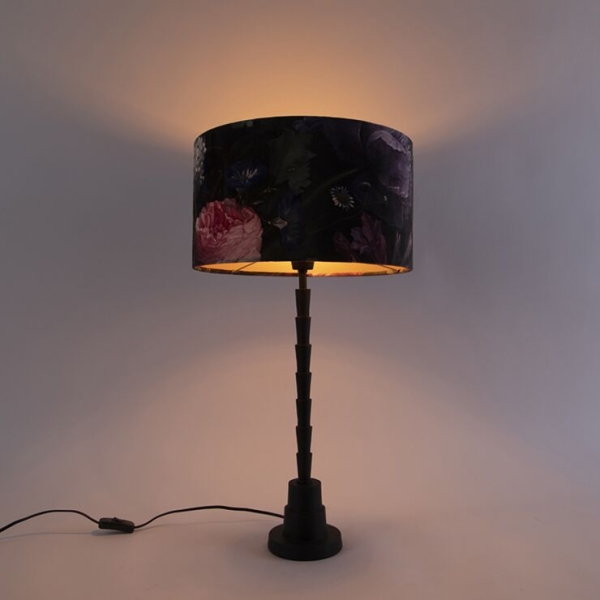 Tafellamp zwart 35 cm velours kap bloem dessin - pisos
