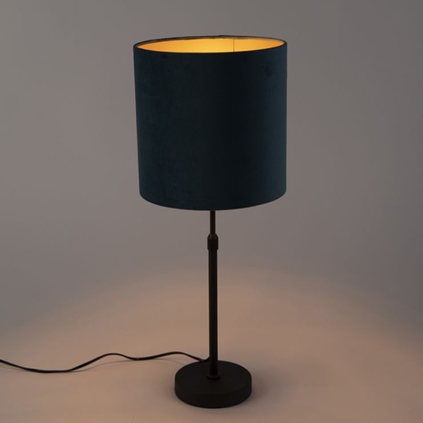 Tafellamp zwart met velours kap blauw met goud 25 cm - parte