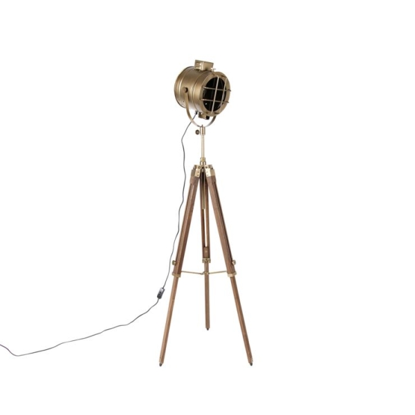 Tripod studiospot vloerlamp brons met hout - shiny