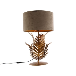 Vintage tafellamp goud 33 cm met velours kap taupe 35 cm - Botanica