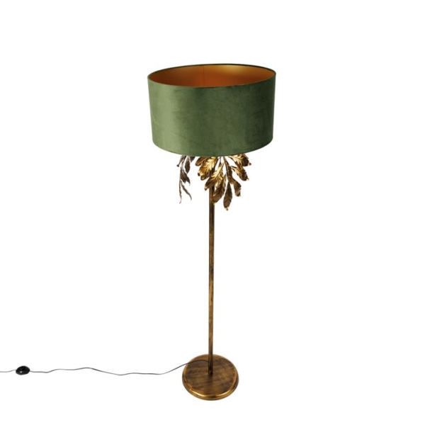 Vintage vloerlamp antiek goud met kap groen - linden