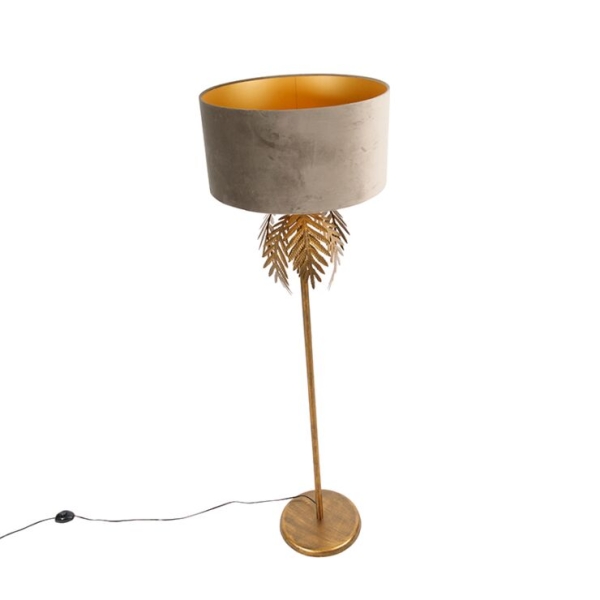 Vintage vloerlamp goud 145 cm met velours kap taupe 50 cm - botanica