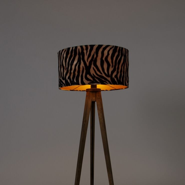 Vintage vloerlamp hout kap zebra dessin 50 cm - tripod classic