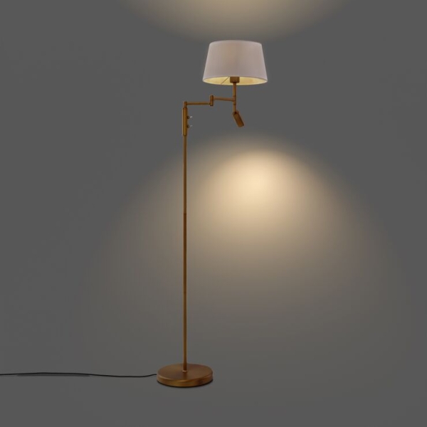 Vloerlamp brons met witte kap en verstelbare leeslamp - ladas