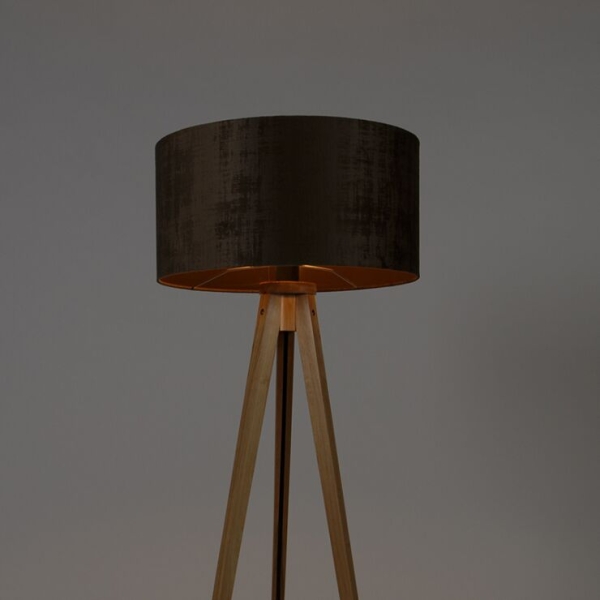 Vloerlamp hout met stoffen kap bruin 50 cm - tripod classic