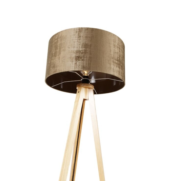 Vloerlamp hout met stoffen kap bruin 50 cm - tripod classic