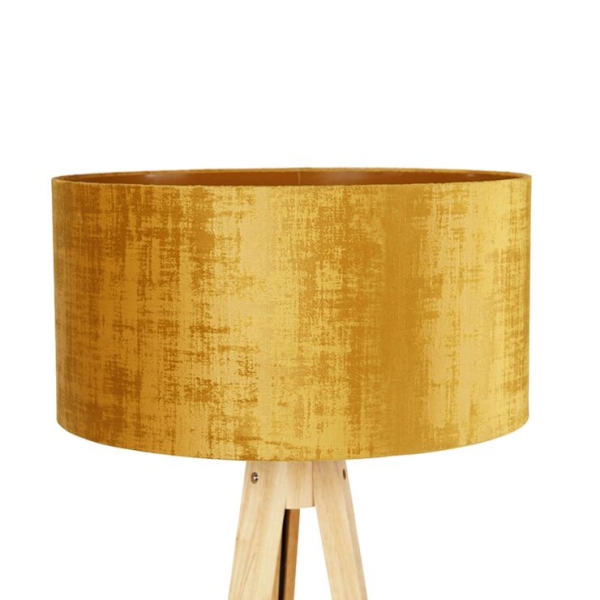 Vloerlamp hout met stoffen kap goud 50 cm - tripod classic