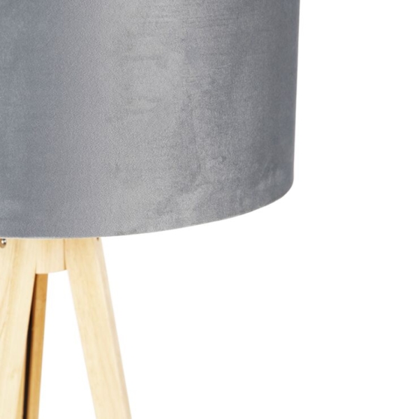 Vloerlamp hout met stoffen kap grijs 50 cm - tripod classic