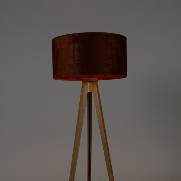 Vloerlamp hout met stoffen kap oranje 50 cm - tripod classic