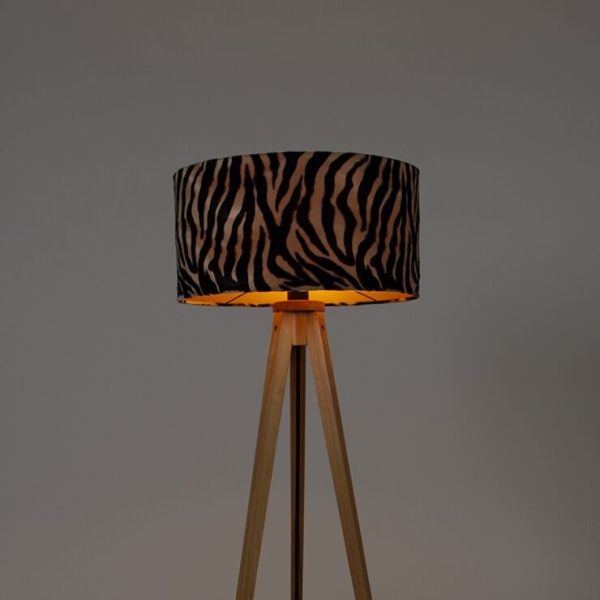 Vloerlamp hout met stoffen kap zebra 50 cm - tripod classic