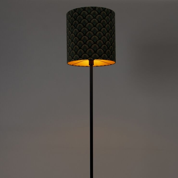Vloerlamp zwart kap pauw dessin gouden binnenkant 40 cm - simplo