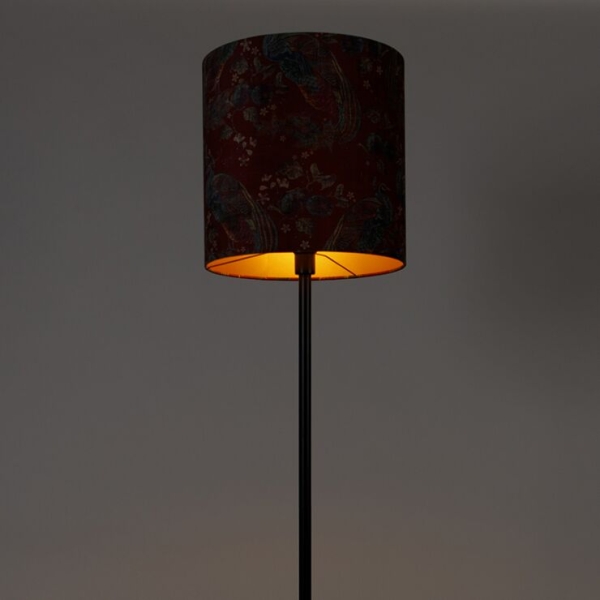 Vloerlamp zwart kap pauw dessin rood 40 cm - simplo