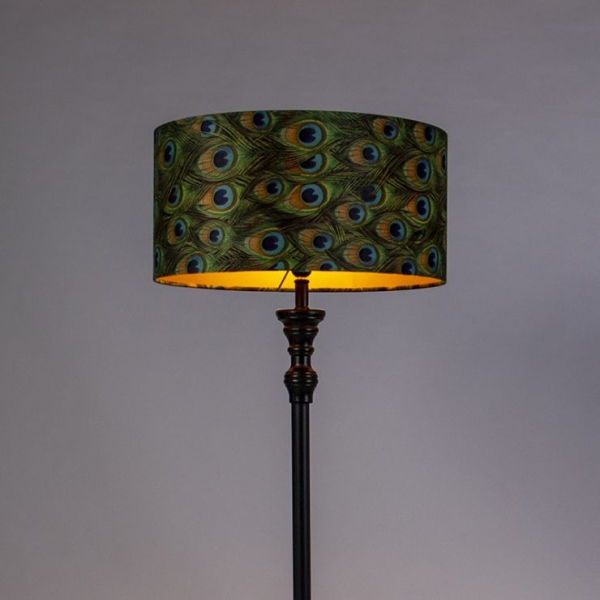 Vloerlamp zwart met velours kap pauw goud 50 cm - classico