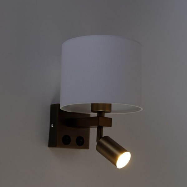 Wandlamp brons met leeslamp en kap 18 cm wit - brescia