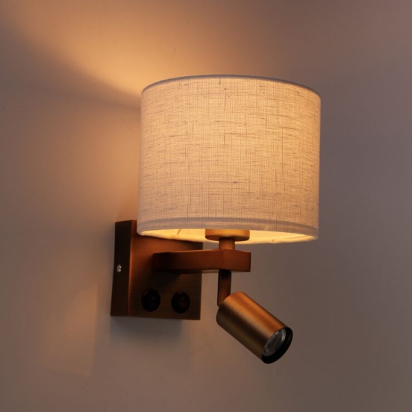 Wandlamp brons met leeslamp en katoenen kap 18 cm wit - brescia