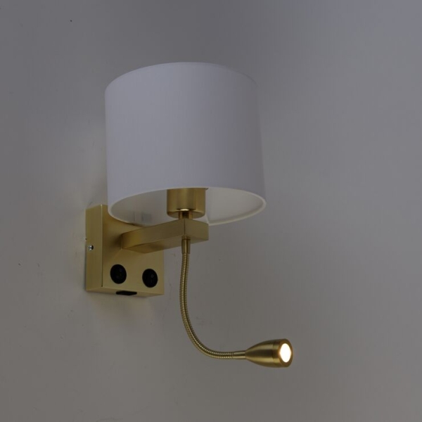 Wandlamp goud met usb en kap wit 18 cm brescia combi 14