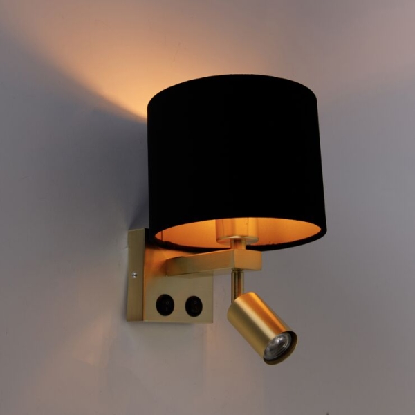 Wandlamp messing met leeslamp en kap 18 cm zwart - brescia