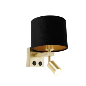 Wandlamp messing met leeslamp en kap 18 cm zwart - Brescia