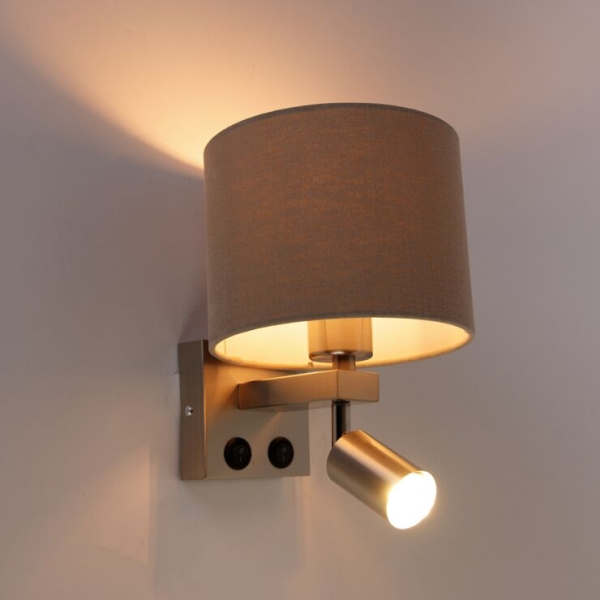 Wandlamp staal met leeslamp en kap 18 cm lichtbruin - brescia